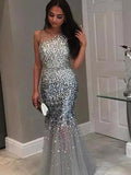 Gorgeous Mermaid Jewel Sleeveless Floor-Length Sequin Tulle Prom Dresses