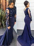 Gorgeous Mermaid Lace Silk like Satin Scoop Long Sleeves Plus Size Prom Dresses