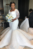 Wunderschönes Meerjungfrau-Spitzen-Hochzeitskleid Kapellenschleppe mit langen Ärmeln Applikationen Brautkleider