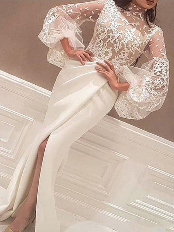 Gorgeous Mermaid Long Sleeves High Neck Lace Stretch Crepe Prom Dresses