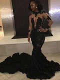 Gorgeous Mermaid Long Sleeves Jewel Lace Applique Chapel Train Prom Dresses