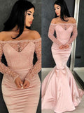 Gorgeous Mermaid Long Sleeves Off-the-Shoulder Ruffles Satin Prom Dresses