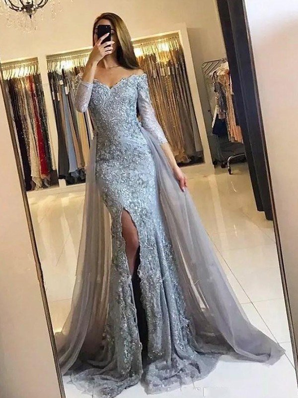 Gorgeous Mermaid Long Sleeves Off-the-Shoulder Tulle Lace Prom Dresses