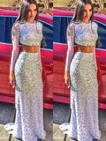 Gorgeous Mermaid Long Sleeves Scoop Sequin Chiffon Two Piece Prom Dresses