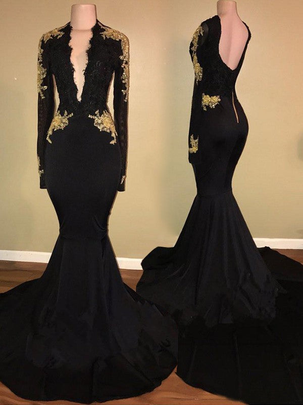 Gorgeous Mermaid Long Sleeves V-neck Applique Spandex Prom Evening Dresses