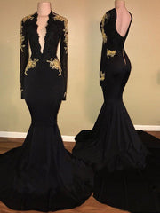 Gorgeous Mermaid Long Sleeves V-neck Applique Spandex Prom Evening Dresses