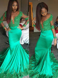 Gorgeous Mermaid Long Sleeves V-neck Satin Lace Prom Dresses