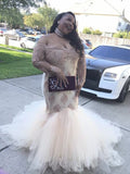 Gorgeous Mermaid Off-the-Shoulder Long Sleeves Applique Court Train Tulle Plus Size Prom Dresses