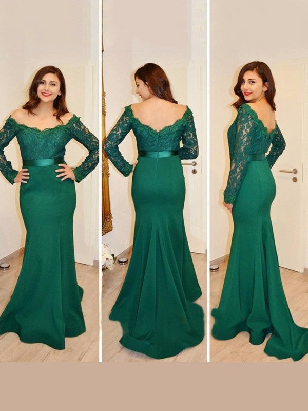 Gorgeous Mermaid Off-the-Shoulder Long Sleeves Applique Satin Prom Dresses