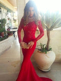 Gorgeous Mermaid Off-the-Shoulder Long Sleeves Lace Elastic Woven Satin Prom Dresses
