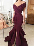 Gorgeous Mermaid Off-the-Shoulder Sleeveless Floor-Length Ruched Stretch Crepe Prom Dresses