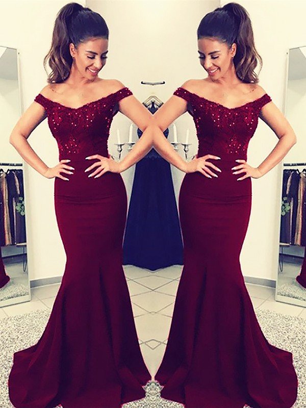Gorgeous Mermaid Off-the-Shoulder Sleeveless Lace Elastic Woven Satin Prom Dresses