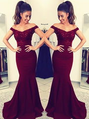 Gorgeous Mermaid Off-the-Shoulder Sleeveless Lace Elastic Woven Satin Prom Dresses