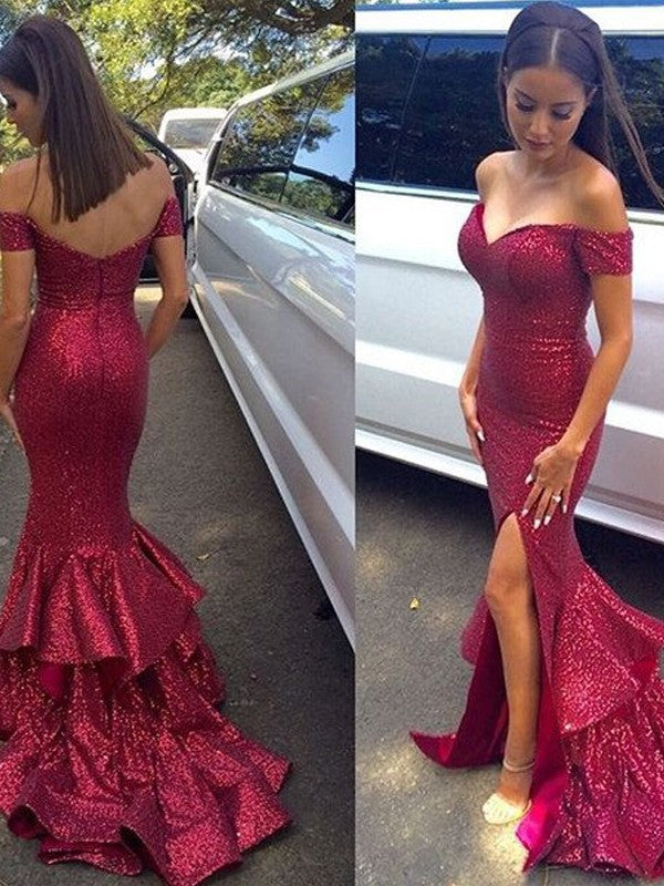 Gorgeous Mermaid Off-the-Shoulder Sleeveless Sequins Prom Dresses