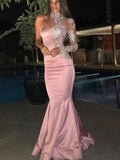 Gorgeous Mermaid Satin Applique One-Shoulder Long Sleeves Prom Dresses