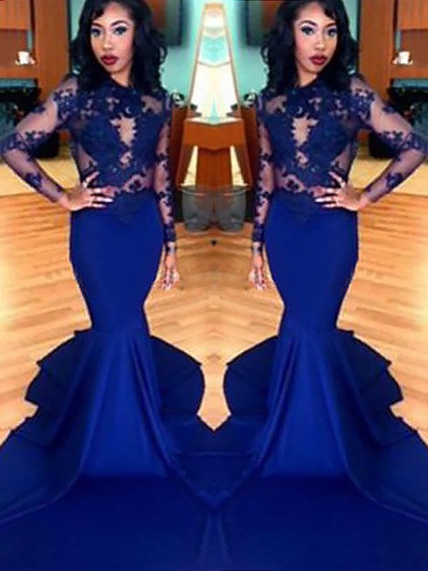 Gorgeous Mermaid Scoop Lace Elastic Woven Satin Long Sleeves Prom Dresses
