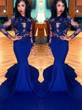 Gorgeous Mermaid Scoop Lace Elastic Woven Satin Long Sleeves Prom Dresses