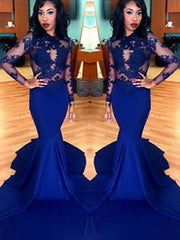 Gorgeous Mermaid Scoop Lace Elastic Woven Satin Long Sleeves Prom Dresses