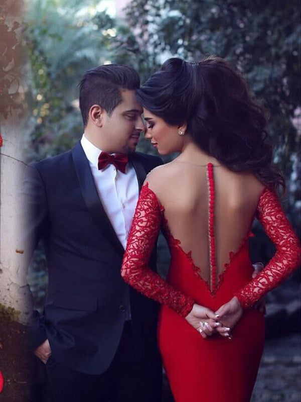Gorgeous Mermaid Scoop Long Sleeves Applique Stretch Crepe Prom Dresse misshow