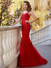 Gorgeous Mermaid Sheer Neck Sleeveless Applique Tulle Prom Dresses