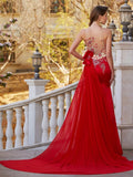 Gorgeous Mermaid Sheer Neck Sleeveless Court Train Applique Stain Prom Dresses