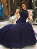 Gorgeous Mermaid Sleeveless Floor-Length Jewel Tulle Beading Prom Dresses