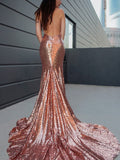 Gorgeous Mermaid Sleeveless Sequins Ruffles V-neck Prom Dresses