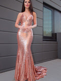 Gorgeous Mermaid Sleeveless Sequins Ruffles V-neck Prom Dresses