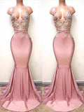 Gorgeous Mermaid Sleeveless V-neck Lace Satin Prom Dresses