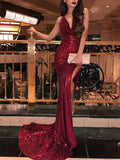 Gorgeous Mermaid Sleeveless V-neck Ruffles Sequins Prom Dresses