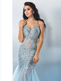Gorgeous Mermaid Spaghetti Straps Sequin Sleeveless Long Tulle Prom Dresses