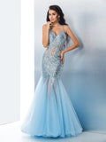 Gorgeous Mermaid Spaghetti Straps Sequin Sleeveless Long Tulle Prom Dresses