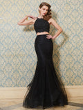 Gorgeous Mermaid Spaghetti Straps Sleeveless Applique Floor-Length Tulle Two Piece Prom Dresses