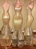 Gorgeous Mermaid Spaghetti Straps Sleeveless Sequins Ruffles Prom Dresses