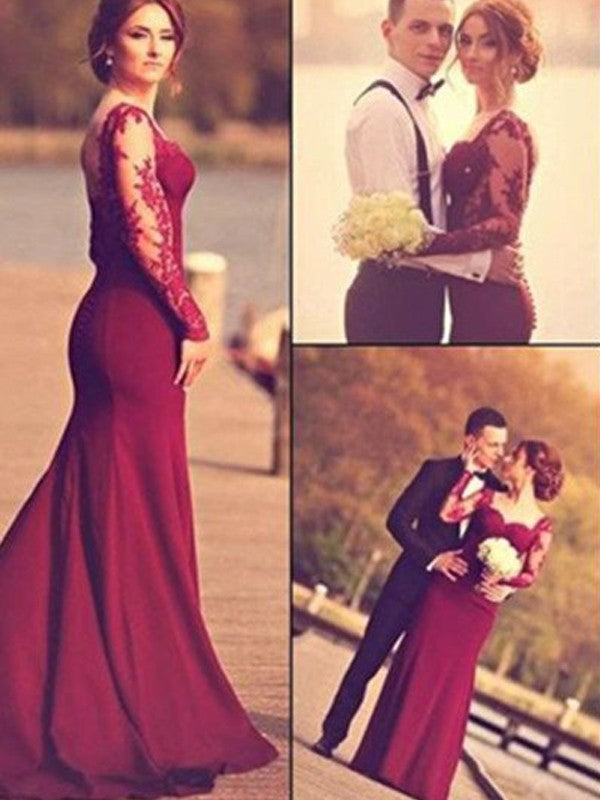 Gorgeous Mermaid Sweetheart Applique Satin Long Sleeves Prom Dresses