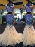 Gorgeous Mermaid Sweetheart Sleeveless Tulle Beading Two Piece Prom Dresses