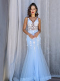 Gorgeous Mermaid Tulle V-neck Sleeveless Applique Floor-Length Prom Dresses