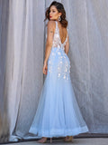 Gorgeous Mermaid Tulle V-neck Sleeveless Applique Floor-Length Prom Dresses