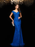 Gorgeous Mermaid V-neck Lace Sleeveless Long Lace Mother of the Bride Prom Dresses