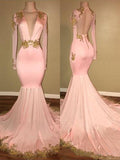 Gorgeous Mermaid V-neck Long Sleeves Silk like Satin Applique Prom Dresses