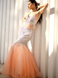 Gorgeous Mermaid V-neck Sleeveless Tulle Floor-Length Sequin Prom Dresses