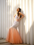 Gorgeous Mermaid V-neck Sleeveless Tulle Floor-Length Sequin Prom Dresses