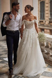 Gorgeous Off-the-shoulder Lace Tulle Appliques A-line Wedding Dress-misshow.com
