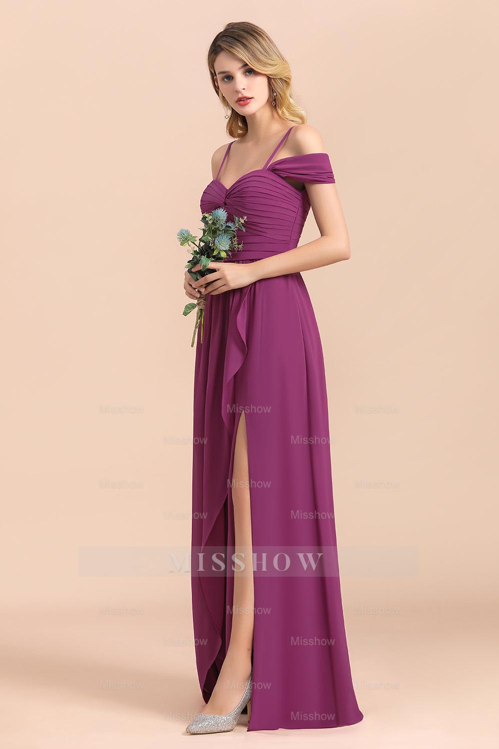 Gorgeous Off-the-Shoulder Ruffle Orchid Bridesmaid Dresses with Slit Gorgeous Off-the-Shoulder Ruffle Orchid Bridesmaid Dresses with Slit