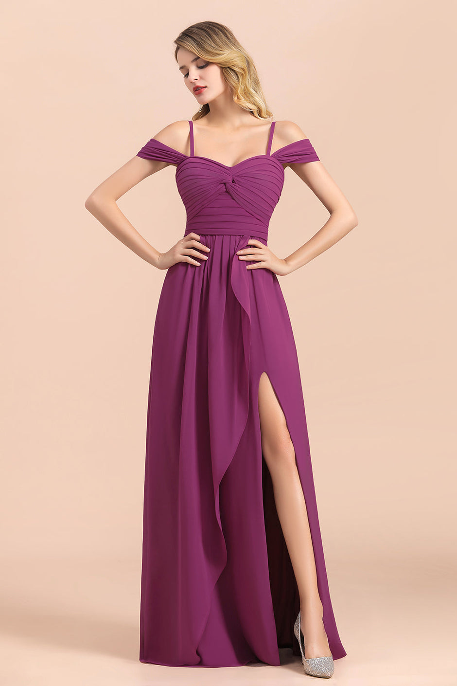 Gorgeous Off-the-Shoulder Ruffle Orchid Bridesmaid Dresses with Slit –
