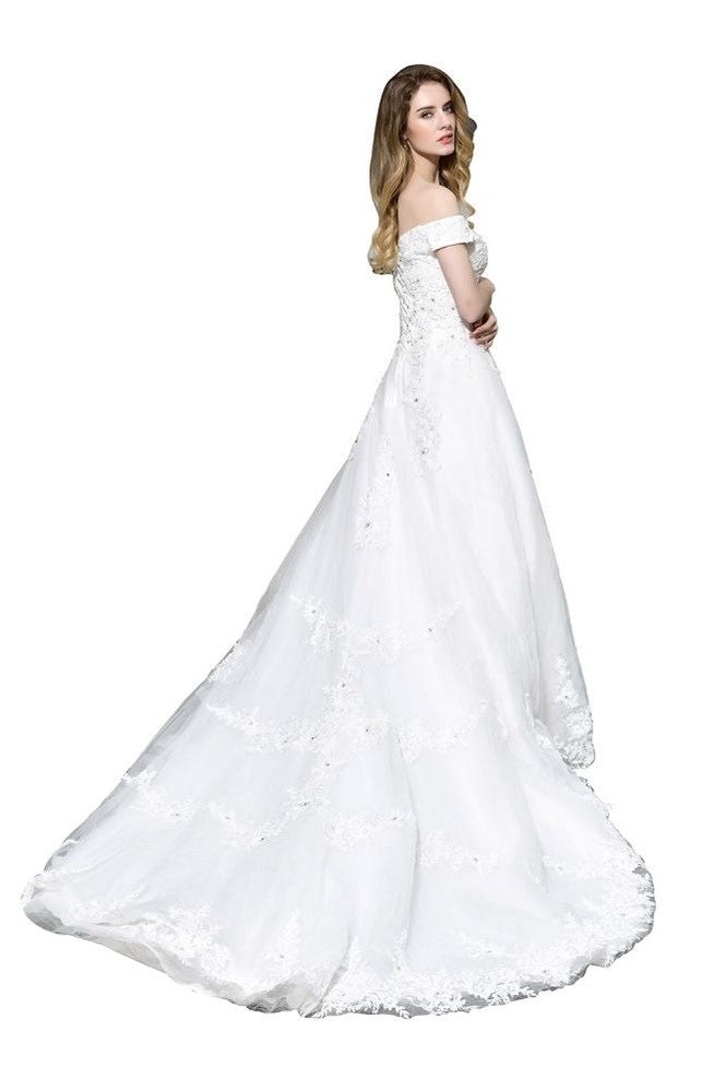 MISSHOW offers Gorgeous Off the Shoulder White aline Bridal Gown Garden Lace Appliques Wedding Dress at a good price from White,Ivory,Tulle to A-line,Ball Gown,Princess Floor-length them. Stunning yet affordable Cap Sleeves .