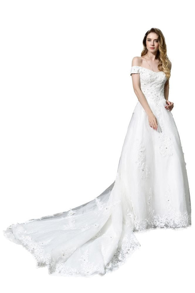 MISSHOW offers Gorgeous Off the Shoulder White aline Bridal Gown Garden Lace Appliques Wedding Dress at a good price from White,Ivory,Tulle to A-line,Ball Gown,Princess Floor-length them. Stunning yet affordable Cap Sleeves .