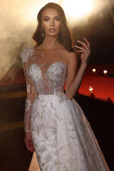 Gorgeous One Shoulder Long Sleeve Mermaid Wedding Dress With Lace-misshow.com