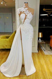 Gorgeous One Shoulder Long Sleeve Prom Dress With Lace Appliques Side Slit-misshow.com