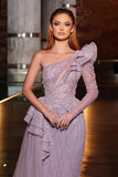 Gorgeous One Shoulder Long Sleeve Sequined A-line Prom Dress With Ruffles-misshow.com